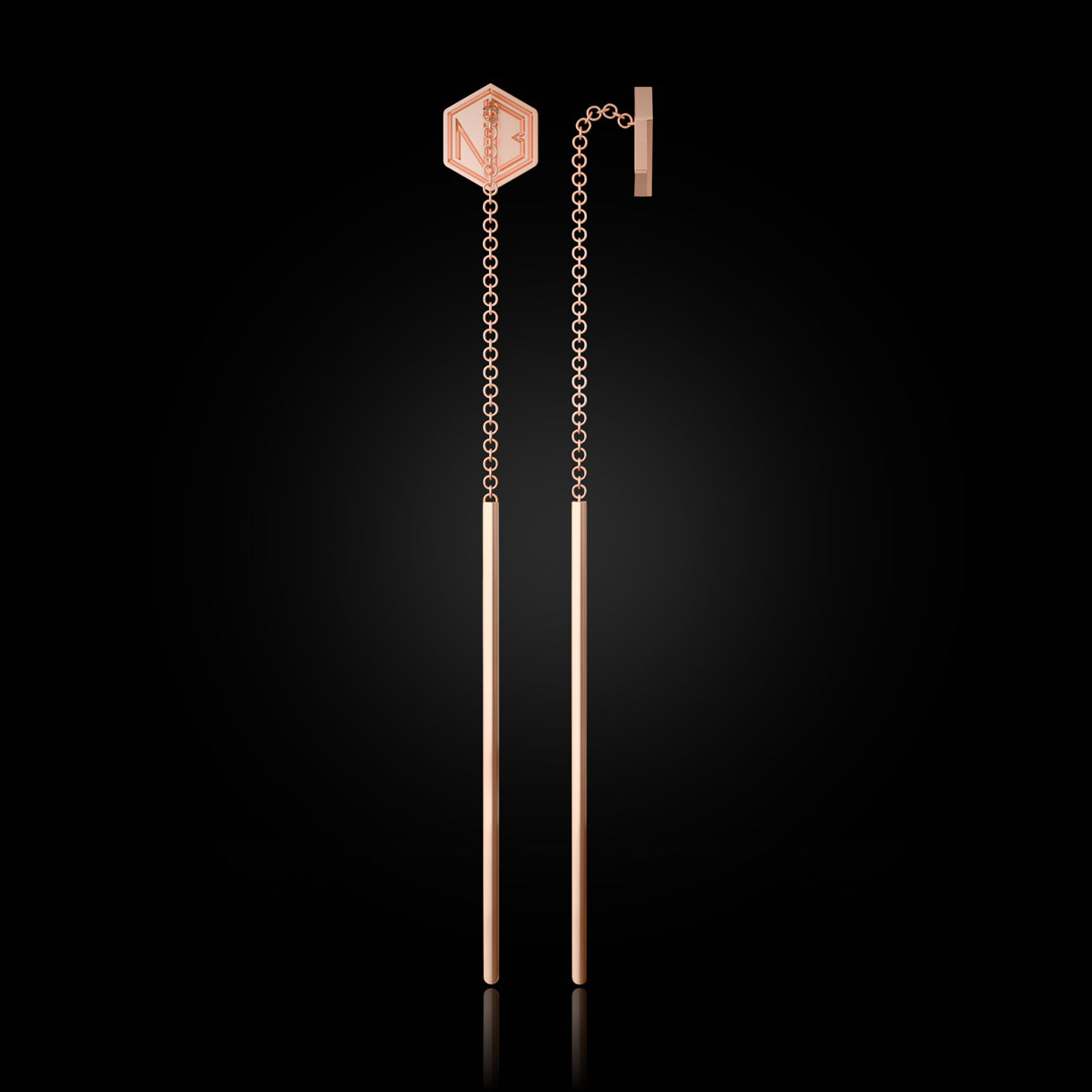 Side profile of SEE YOU Threader Earrings in Rebel Rose Gold. Fine jewelry design with bold linear movement. Sustainable gold jewelry, ethical luxury, handcrafted artisan jewelry, and high-end jewelry. A perfect example of sustainable jewelry brands and unique jewelry gifts.